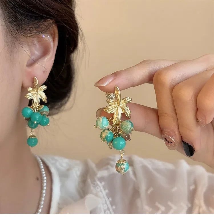 Unique Green Beaded Leaf Earrings