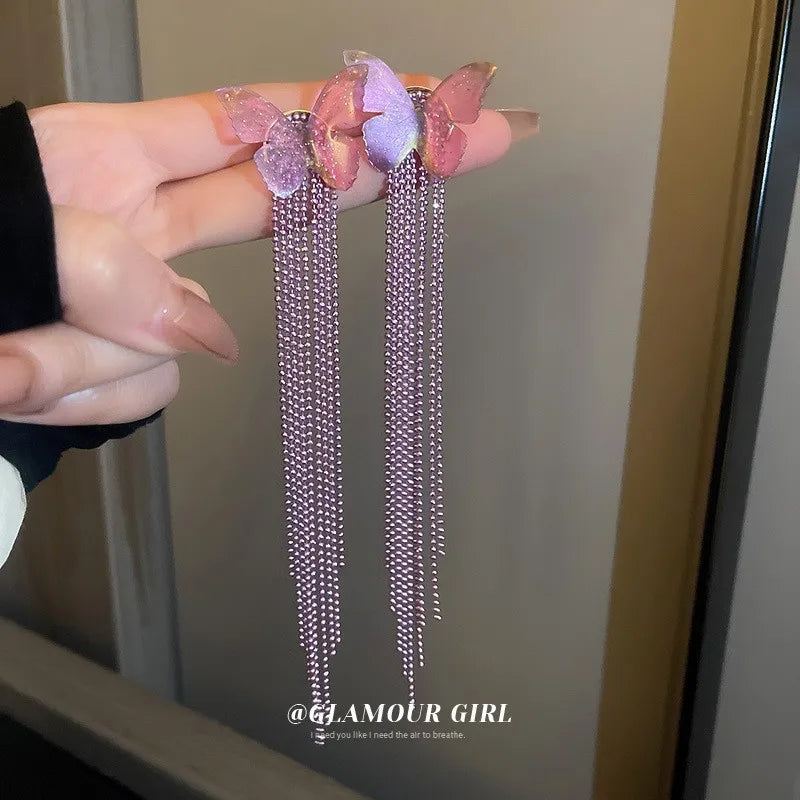 Purple butterfly chain earrings