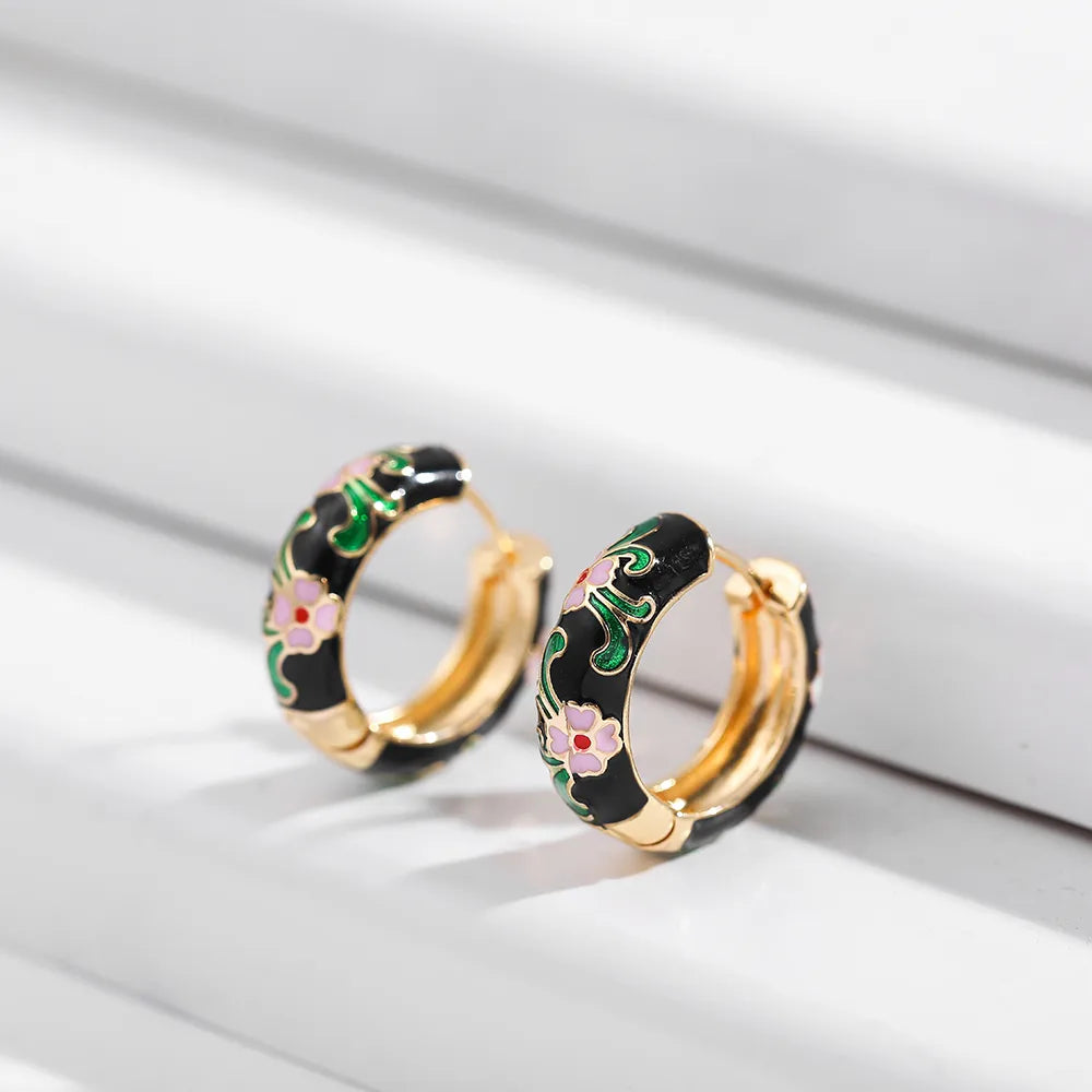 Gorgeous Flower Lingge Enamel Plating Alloy Hoop Earrings